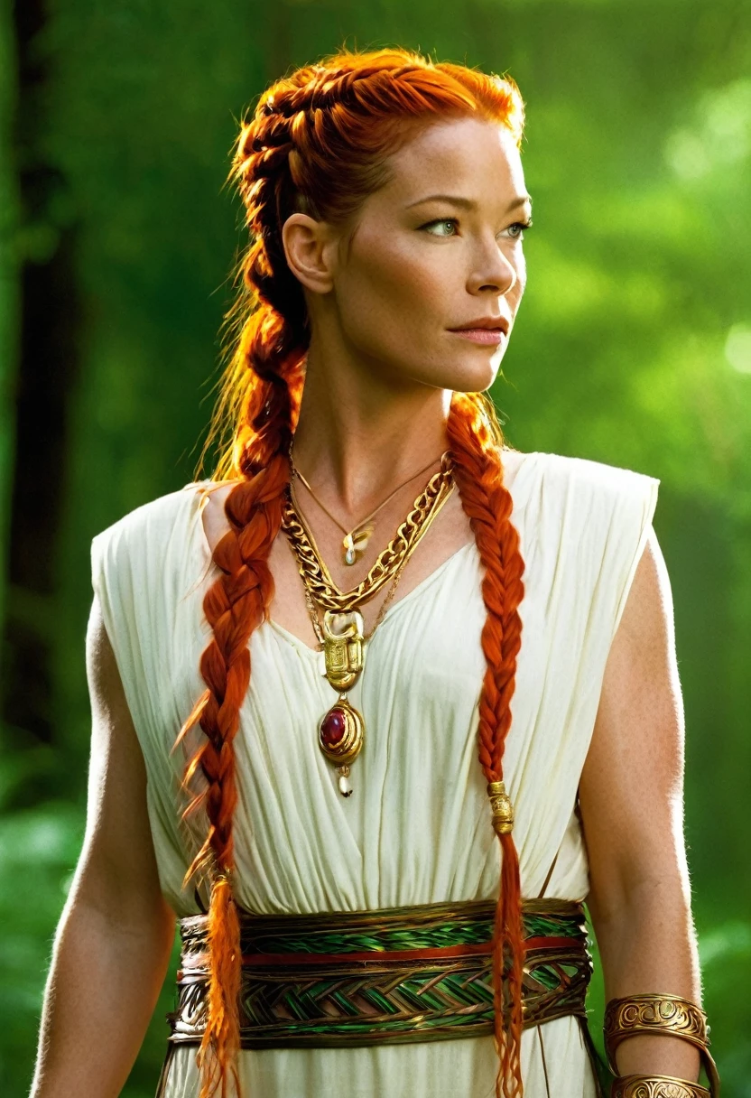 Flamme, (young Lena Headey:Evangeline Lilly), A 35-year-old woman with orange hair, green eyes, sideburns, one large braid, a gold necklace with a ruby pendant, dressed in a white Greek tunic and Roman sandals, with gold bracelets on her arms, forest in the background, masterpiece, hyperdetailed,((1girl)) ,bangs,braided ponytail,single braid,orange hair,very long hair,sidelocks,red earrings,hair over one eye,full body,

