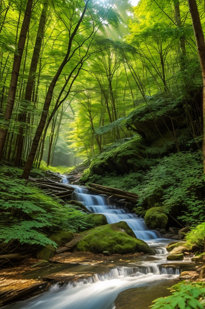 General Environment:
Time of the year: spring time.
TIME OF DAY: early morning, with the soft sunlight penetrating through the treetops.
Main Elements:
trees: Tall and slender, with thick, mossy trunks. Varied types, including oaks, pines and birches.
foliage: Dense and green, with leaves of various shapes and sizes. Some leaves have dewdrops shining in the sunlight.
wildflowers: Little dots of color on the forest floor, including daisies, violets and lilies of the valley.
Additional Elements:
dirt path: A narrow and winding trail, covered in fallen leaves and small stones.
creek: A clear stream running along the path, with crystal clear water and rounded stones.
fallen logs: Some fallen tree trunks, partially covered with fungi and creeping plants.
clareira: A small clearing bathed in sunlight, with tall grass and some flowers.
fauna:
Small animals: bunnies, squirrels and hedgehogs lurking among the vegetation.
birds: Various colorful birds, including cardinals, nightingales and woodpeckers, flying and landing on branches.
insects: Colorful butterflies, Bees buzzing around the flowers and ladybugs on the leaves.
atmosphere:
Light fog: A light morning mist hovering over the forest floor, giving a mystical touch.
lighting sun: Sun rays penetrating through the leaves, creating an effect of light and shadow on the floor.
Sons: The gentle sound of birds singing, leaves rustling and the stream running gently.
Specific Details:
colors: Predominance of vibrant greens, earthy browns and touches of bright colors from flowers and animals.
texturas: Varied surfaces, from the soft moss on the trunks to the dry leaves on the ground and the crystal clear water of the stream.
motion: Suggestion of movement with birds in flight, leaves swaying and stream water flowing.