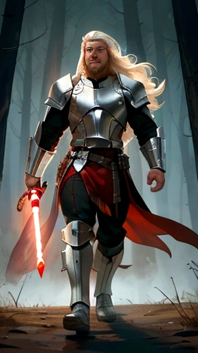 a 20 year old (Albino:1) of Anglo-Saxon descent with a smile and a burly brawny Physique, long hair with thick eyebrows and white eyes, holding his thick twohanded lightsaber with red lightning around it, black half armor with leather accents, foggy day walking in a lush battlefield, tense atmosphere, (solo:1).