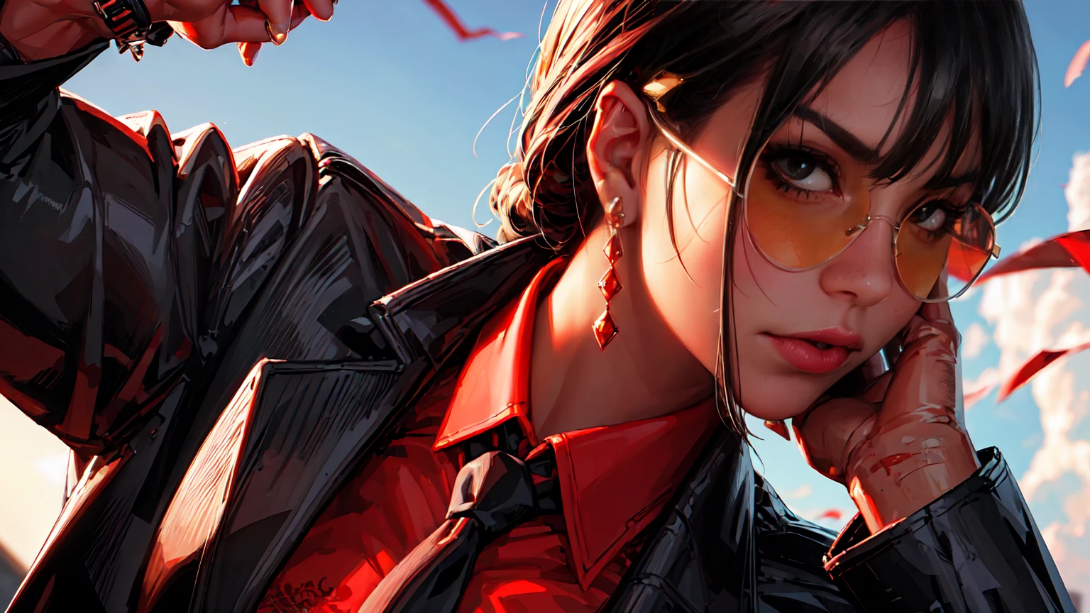 (Masterpiece, Best Quality, Ultra High Resolution)
Fancy woman, with red detailed eyes, in business suit with red tie and white shirt, dark half-rimmed aviator glasses,
The character is half-turned , looking sideways into the distance.