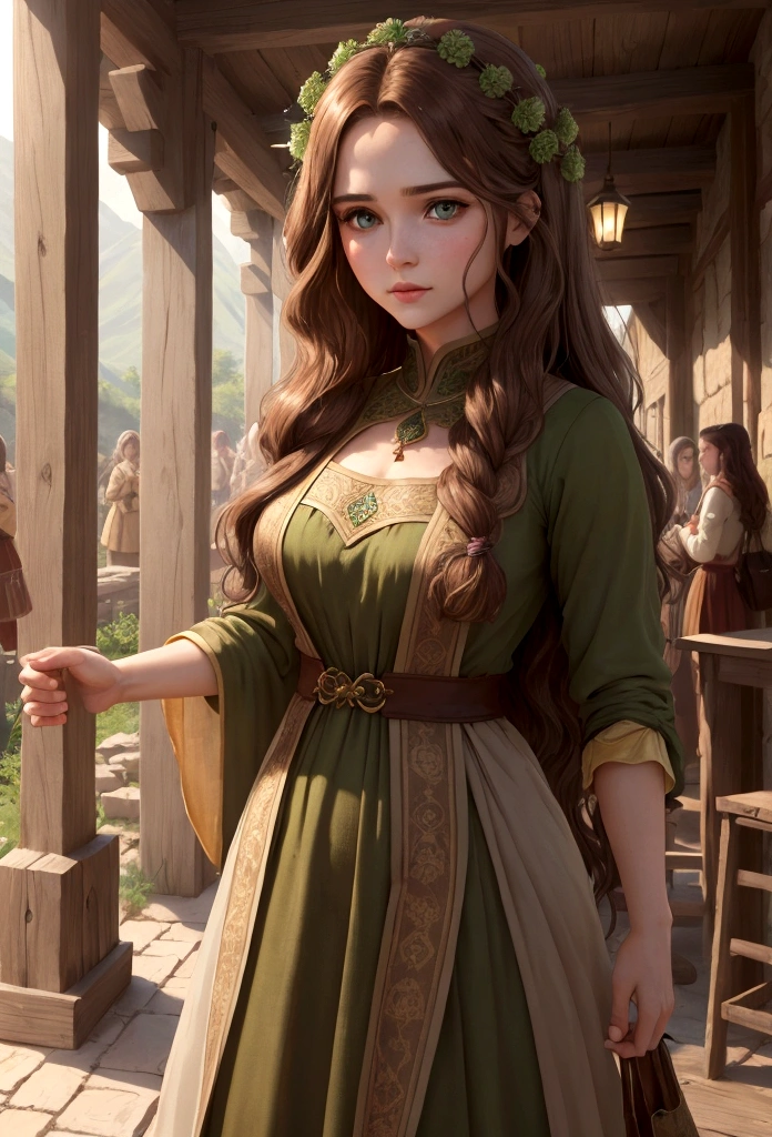 good quality:1.2), (Ultradetailed:1.2), (ultradetailed face:1.2), (ultradetailed body:1.2) In the village center, villagers gather around Elara, a human woman with long, wavy brown hair and green eyes, showing their respect and love as she stands modestly among them in her simple, earth-toned clothing."