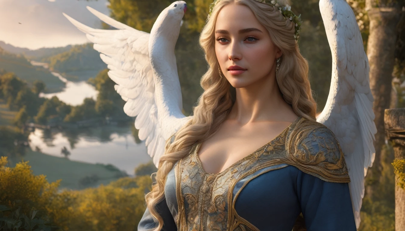 1 Mother Angel 29 years old,breast,large hips,white long frensh braided hairs,background with doves with an olive branch in its beak,natural environment, idyllic setting,(perfect female body:1.2),(gorgeous detailed skin),(detailed hair),quality\(8k,wallpaper of extremely detailed CG unit, masterpiece,hight resolution,top-quality,top-quality real texture skin,hyper realisitic,increase the resolution,RAW photos,best qualtiy,highly detailed,the wallpaper,cinematic lighting,ray trace,golden ratio\)