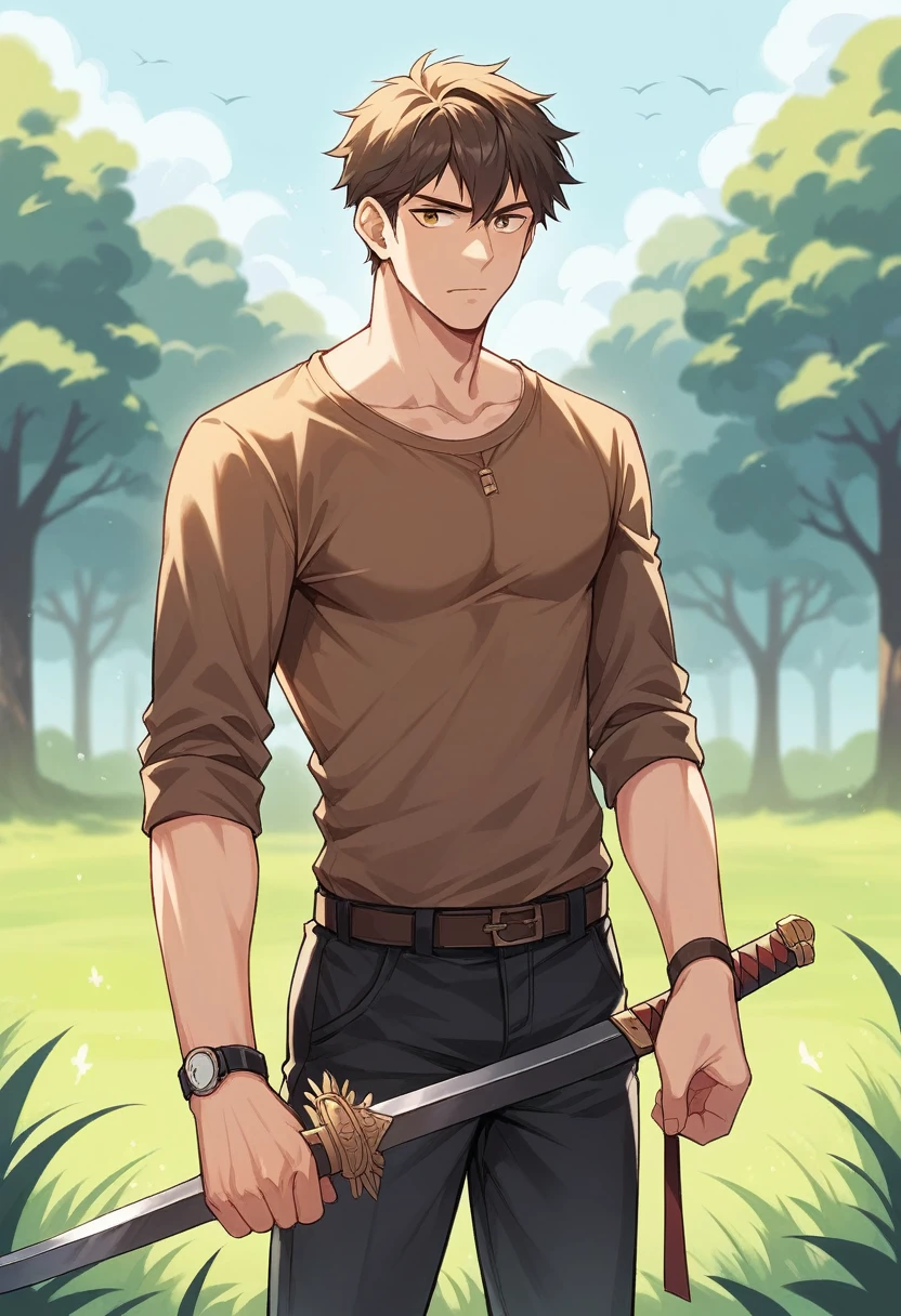 The image shows a man standing outdoors, holding a curved sword in his right hand. He is wearing a brown shirt, black pants, and a watch on his left wrist. The background appears to be a blurred outdoor setting, possibly a natural environment with rocks and grass. quality CG, 8K resolution