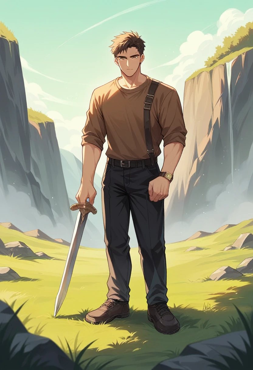 The image shows a man standing outdoors, holding a curved sword in his right hand. He is wearing a brown shirt, black pants, and a watch on his left wrist. The background appears to be a blurred outdoor setting, possibly a natural environment with rocks and grass. quality CG, 8K resolution
