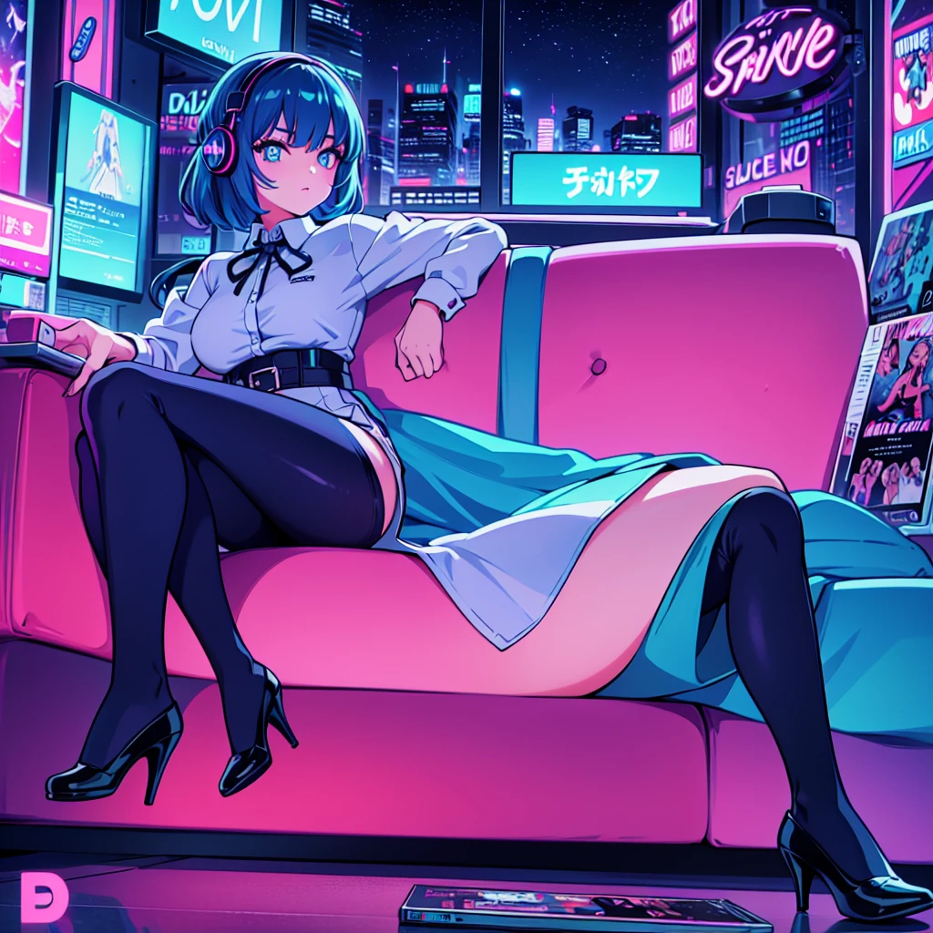 (masterpiece), Highest quality, Expressive eyes, Neon pastel aesthetics, Retro 90s, Neon color,((Girl sitting on sofa,In a cozy room,Records hanging on her wall, Comic books on the floor, Looking out the window behind her at the night city, Upholstered room, Anime figures lined up on a shelf)), Wearing headphones, (All around her it sparkles), (Wearing high socks and heels), (blue eyes), (Soft look), (Synthwave Art Style), Colorful Hair, Desk with PC set up