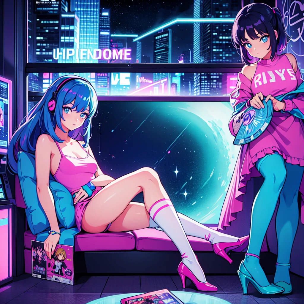 (masterpiece), Highest quality, Expressive eyes, Neon pastel aesthetics, Retro 90s, Neon color,((Girl sitting on sofa,In a cozy room,Records hanging on her wall, Comic books on the floor, Looking out the window behind her at the night city, Upholstered room, Anime figures lined up on a shelf)), Wearing headphones, (All around her it sparkles), (Wearing high socks and heels), (blue eyes), (Soft look), (Synthwave Art Style), Colorful Hair, Desk with PC set up