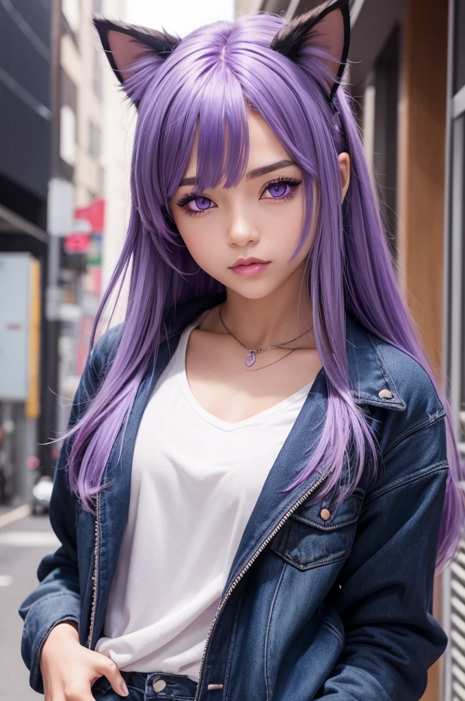 Create a girl with purple hair and blue highlights, purples eyes ,brown skin,and cat ears