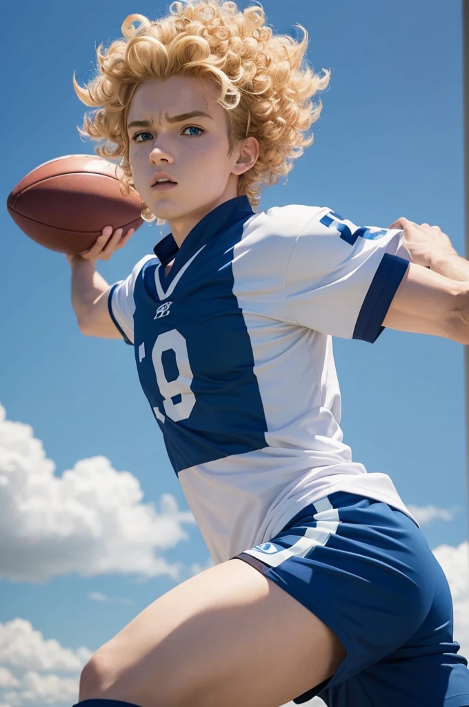 Create a character from the anime Naruto. Playing football with the blue and white shirt. football player shorts. blond. baby.blue eyes.curly hair.offwhite