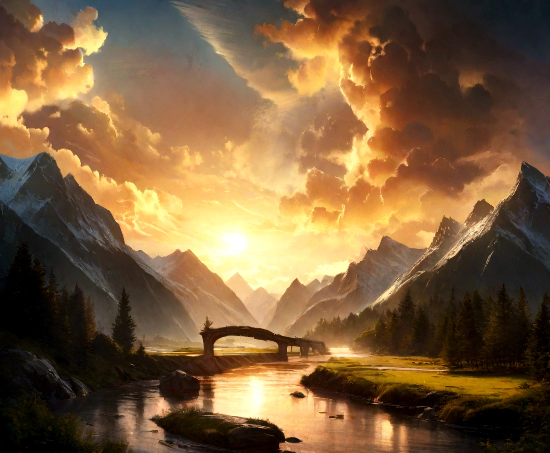 A very detailed、Dramatic landscapes with a cinematic feel, detailed cloudy sky, Dazzling sunshine, Glowing clouds, Majestic mountains, Flowing River, Dense woodland, Tranquil atmosphere, Realistic lighting, Intricate details, Composition, Dramatic Lighting, Reality, 8K, masterpiece, The art of math