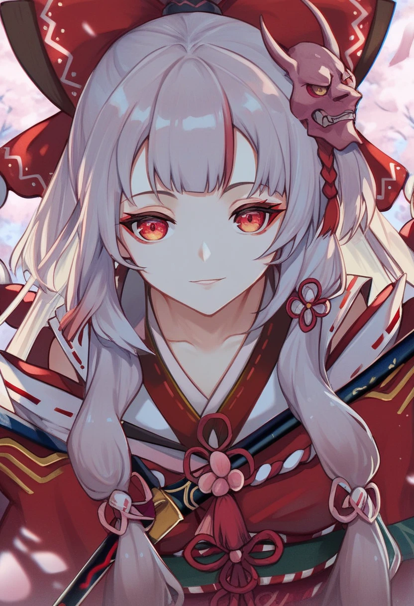 Anime girl with a sword and hat, onmyoji portrait, The Detailed Art of the Onmyoji, onmyoji, From the Azur Lane video game, White-haired God, Katana Zero video game characters, Azur Lane Style, Gap Moe Yandere grimdark, Gap Moe Yandere, Artistic rendering of Reimu Hakurei, April Rendering