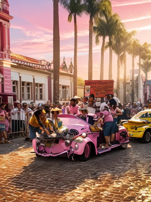 Cartoon style caricature, high detail cartoon, . A Pink Beetle with people hanging out celebrating and barbecuing on a barbecue grill on top of the hood of the Pink Beetle, harvest festival parade Entre Rios de Minas