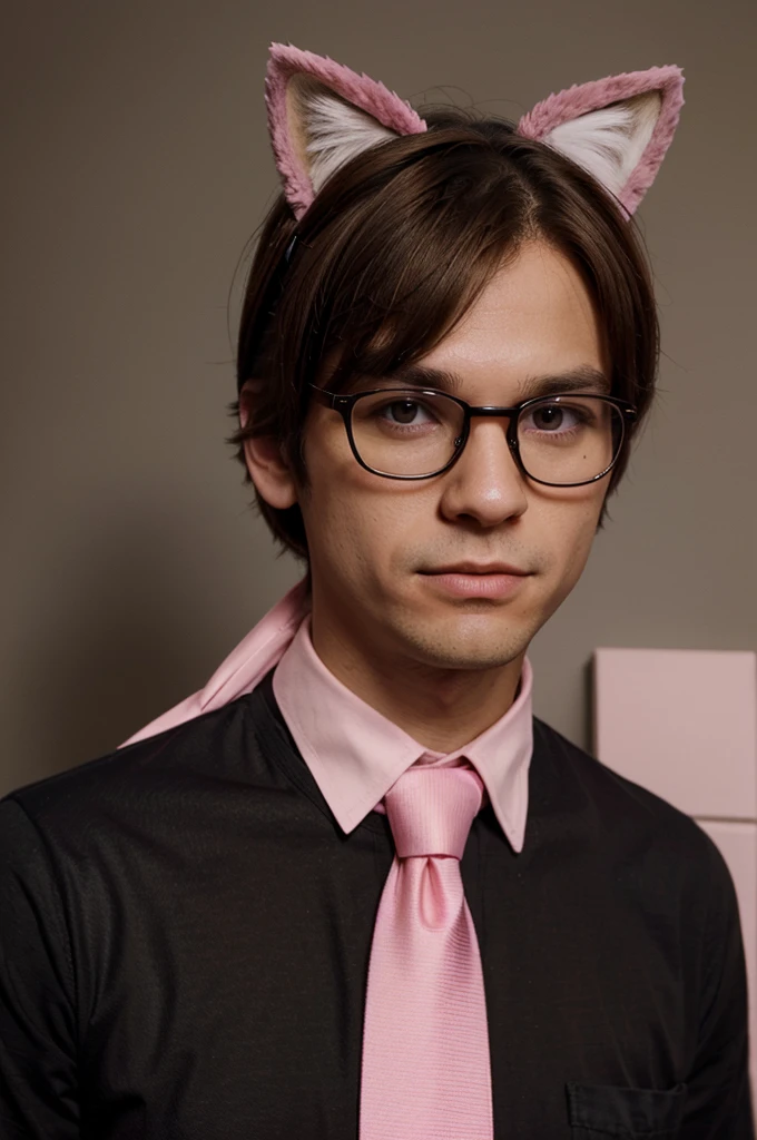 A character with brown hair in a tie wearing a black shirt with a picture of a cat, the character wears glasses on his head, wears a pink hanphone with pink ears and a toad clip