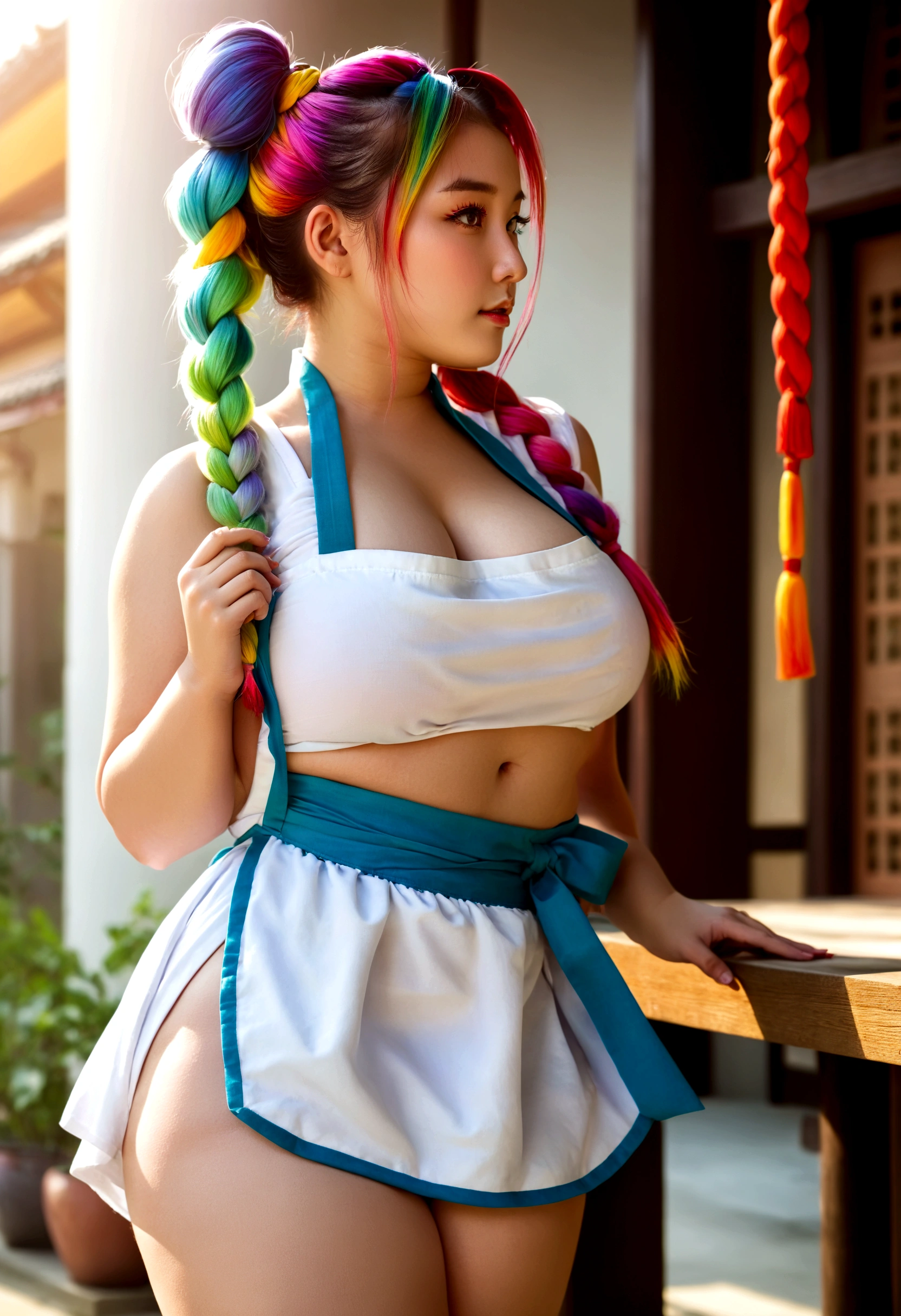 1girl,legs,a girl at building,(((building))), braided bangs, huge natural breasts, enormous breasts, giga busty, braided ponytail,(solo:1.2),apron,thick thighs,side-tie panties, rainbow hair, hand in panties, 26yo,looking at viewer, sunlight,hanfu,
