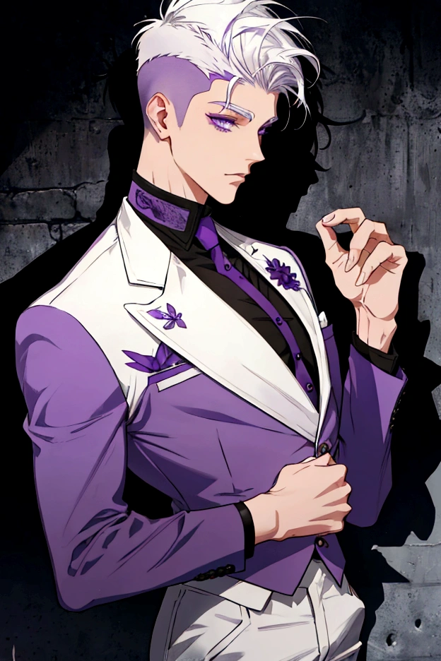 semi-short white hair shaved on the sides, purple eyes, keeping the same color of the suit