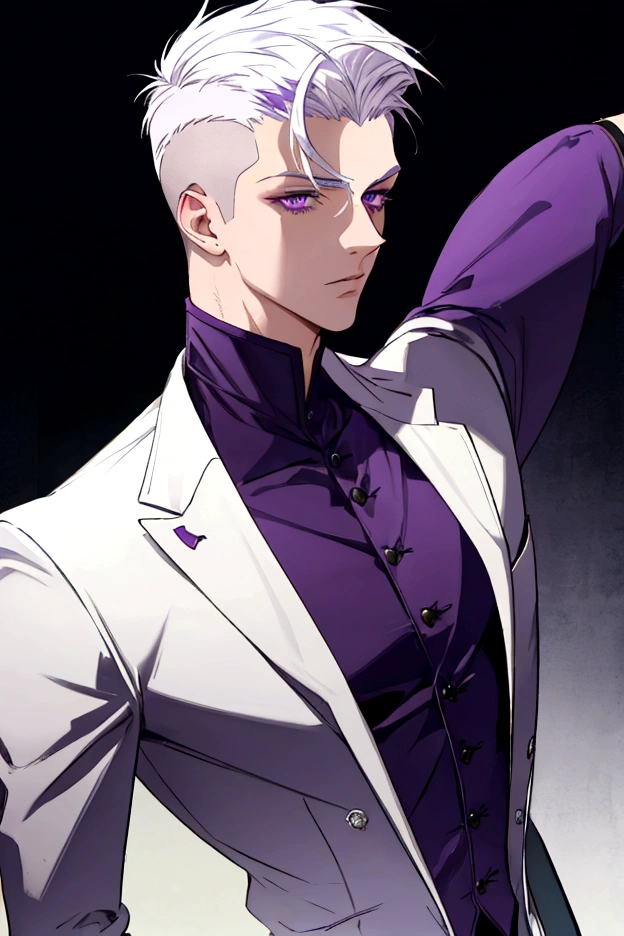 semi-short white hair shaved on the sides, purple eyes, keeping the same color of the suit