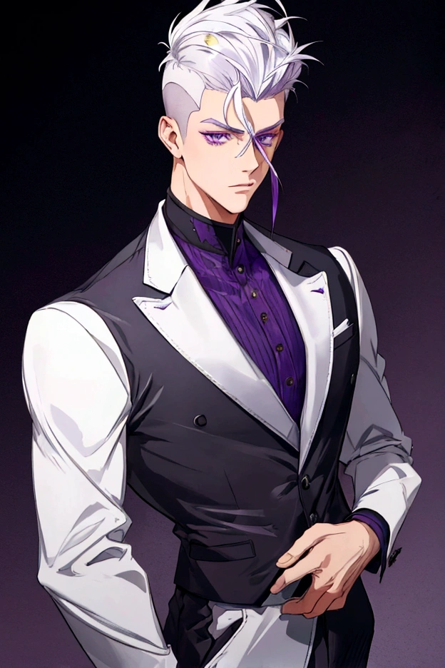 semi-short white hair shaved on the sides, purple eyes, keeping the same color of the suit