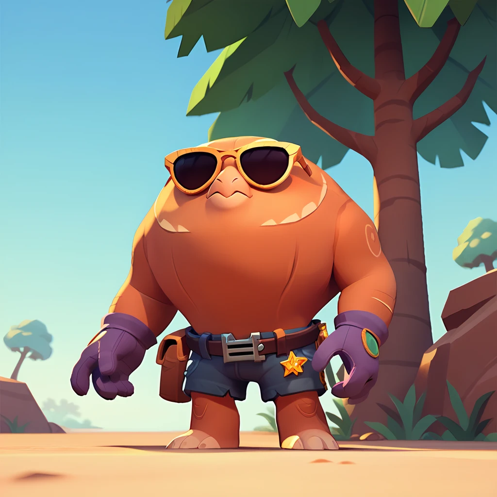 a creature resembles a living tree trunk, wearing sunglasses, wearing shorts and purple gloves