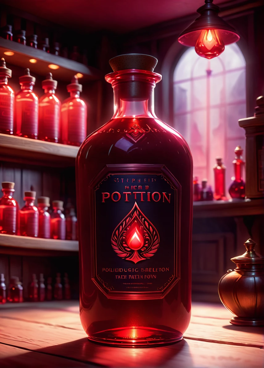 health potion, (red liquid in bottle: 1.6), (light red glow: 1.5), potion shop background, ((looking at viewer:1.2), (from side:0.8)), volumetric lighting dynamic lighting, real shadows, vibrant contrasting colors, style of Stephen Hickman and Stan Manoukian, ultra realistic, masterpiece, high quality, highres, sharp focus, intricate, sharp details, highly detailed, rich color, 8K,