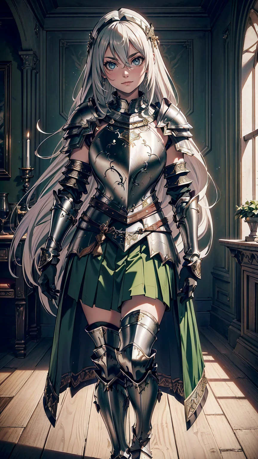 最high quality、Ultra High Definition, Ultra High Quality, Hyper Definition, Hyper Quality, Hyper Detailed, Extremely Detailed, Perfectly Detailed, Best image quality、masterpiece、woman((20-year-old、super dynamic pose , legs bent at the knees, Green solid eyes, Silver long Hair、Disheveled Hair、Long White Hair、thin, Glove、Green Skirt, Noble Armor, Smile、Detailed Cuirass , Dressed in Full Coverage Noble Plate Armor)),high quality、Beautiful art、background((Inside the mansion))、Written boundary depth、 movie、Visual Arts、Perfect art、8K,Genuine、
