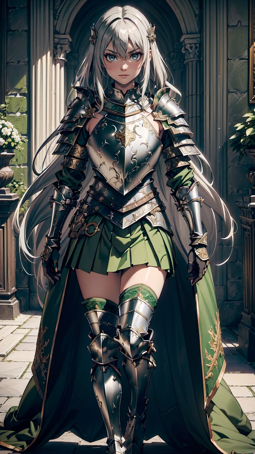 最high quality、Ultra High Definition, Ultra High Quality, Hyper Definition, Hyper Quality, Hyper Detailed, Extremely Detailed, Perfectly Detailed, Best image quality、masterpiece、woman((20-year-old、super dynamic pose , legs bent at the knees, Green solid eyes, Silver long Hair、Disheveled Hair、Long White Hair、thin, Glove、Green Skirt, Noble Armor, Smile、Detailed Cuirass , Dressed in Full Coverage Noble Plate Armor)),high quality、Beautiful art、background((Inside the mansion))、Written boundary depth、 movie、Visual Arts、Perfect art、8K,Genuine、