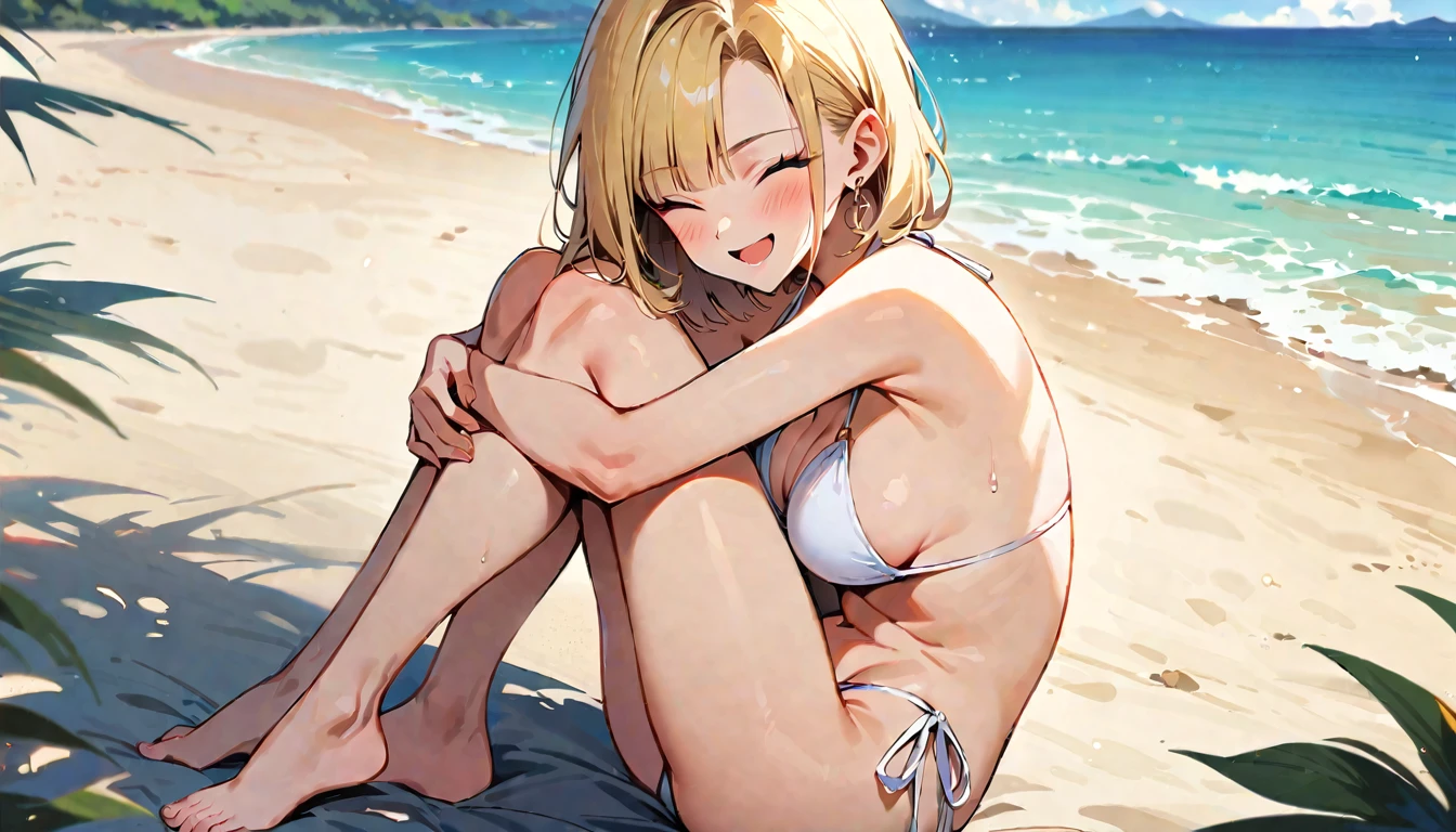 (masterpiece, best quality:1.2), full body, (solo), Android 18 from Dragon Ball, 20s, ((string bikini, white bikini)), sitting, (hugging own legs), medium breasts, blunt bangs, short blonde hair, (close eyes), earrings on earlobes, slender feminine figure, skinny body, blush, sky, magnificent view, blur background, 4K, open mouth, beach, side-tie bikini bottom, smile, Sandy Beach, highleg bikini, barefoot, side boob, facing viewer, knees up, beautiful butt, front view,
