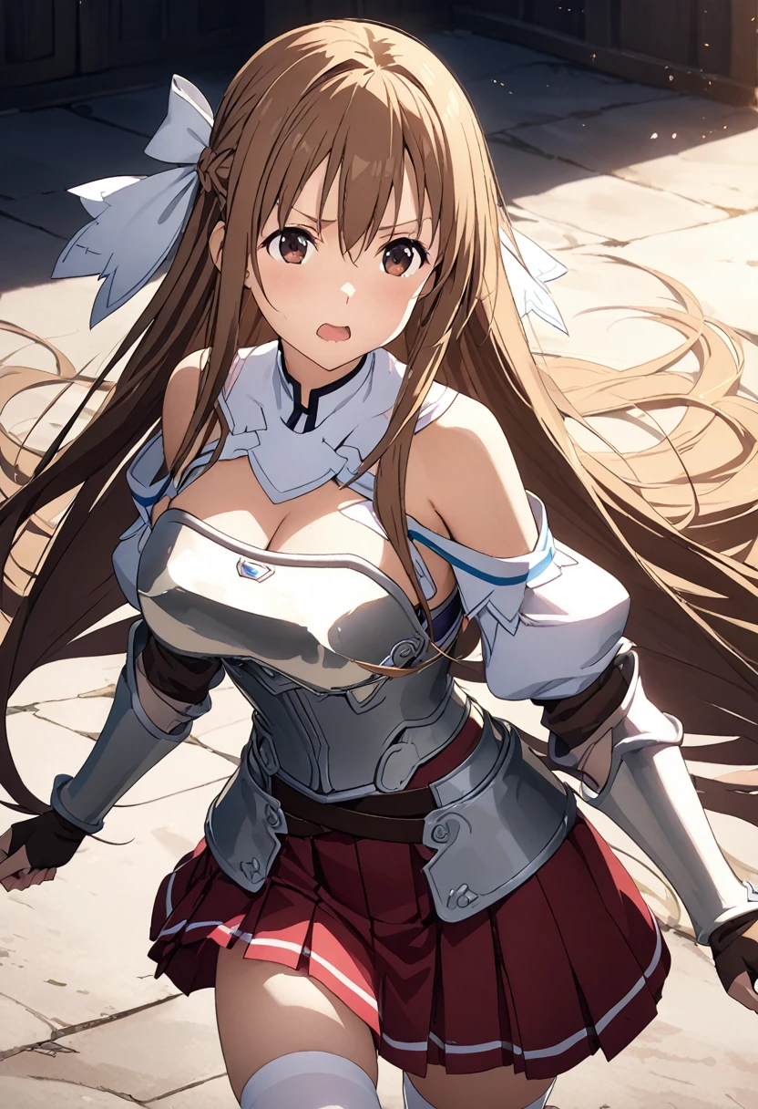 Highest quality、Super detailed、High resolution illustrations、Ultra-high-definition CG、8k size wallpaper、Production Art、Light novel illustrations、asuna yuuki, long hair, brown hair, brown eyes,
skirt, thighhighs, bare shoulders, detached sleeves, armor, white thighhighs, breastplate, red skirt, A sharp expression、Hold the Lambent Light