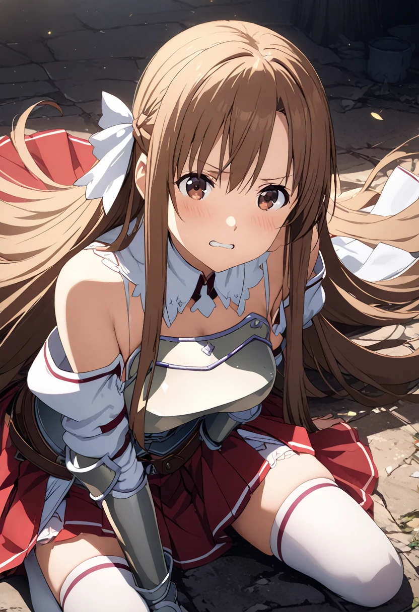 Highest quality、Super detailed、High resolution illustrations、Ultra-high-definition CG、８k size wallpaper、Production Art、Light novel illustrations、asuna yuuki, long hair, brown hair, brown eyes,
skirt, thighhighs, bare shoulders, detached sleeves, armor, white thighhighs, breastplate, red skirt,　A sharp expression、Hold the Lambent Light