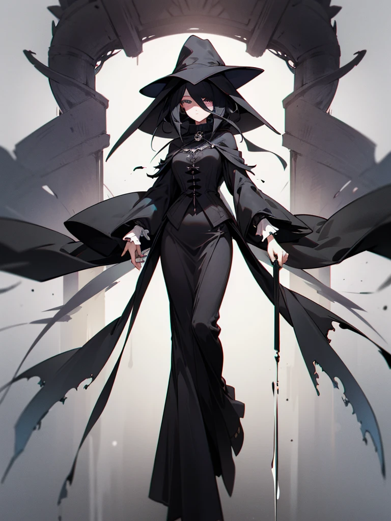 A female plague doctor. She would have totally black hair, her hair is short and messy. Her eyes would also be black and she would be very tall, having the appearance and stature of an adult. Her clothes would cover her entire body except for her face.