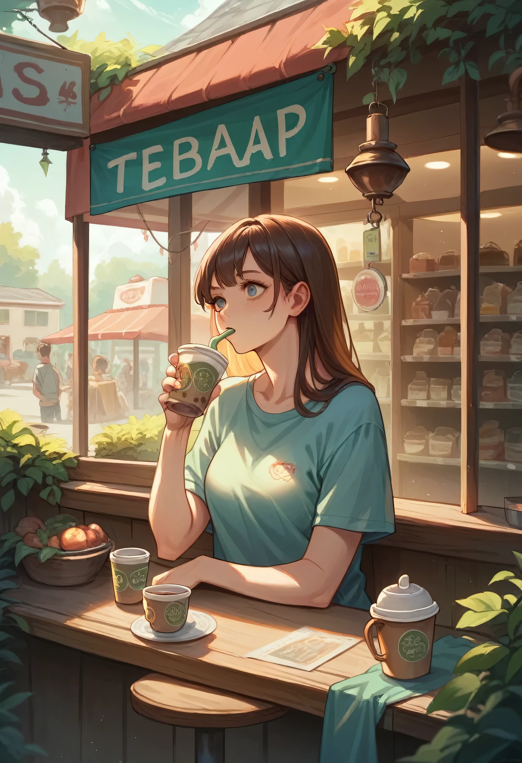 a realistic young good looking with nice body drinking tea in a shop named TEA DEGREE 