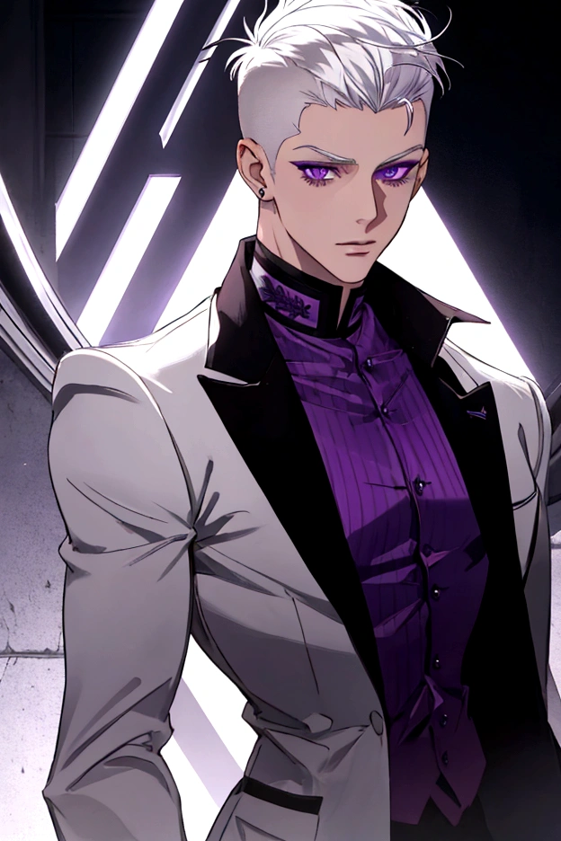 semi-short white hair shaved on the sides, purple eyes