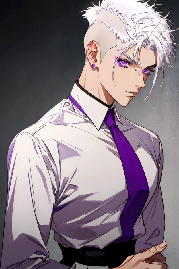 semi-short white hair shaved on the sides, purple eyes