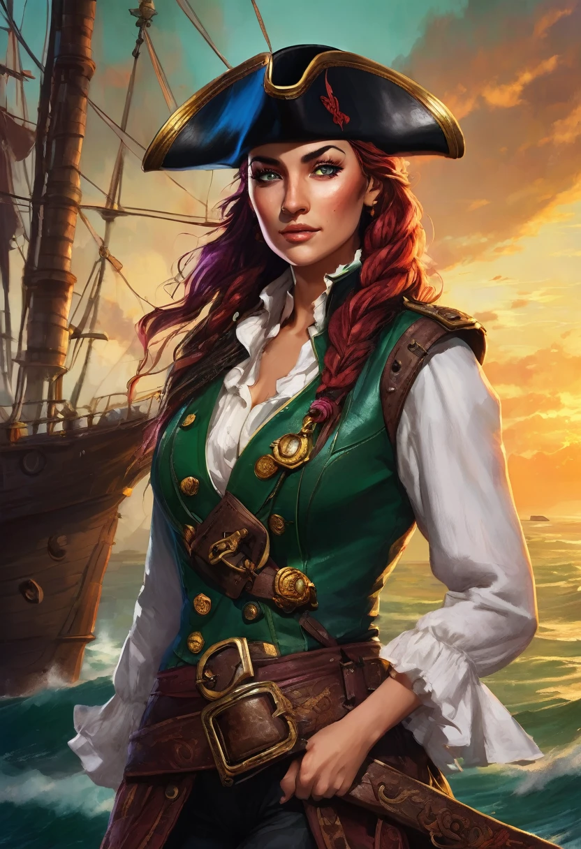 A portrait of Captain Esmeralda, a fierce and adventurous pirate captain with crimson braids, emerald green eyes, and a mischievous grin. She has a gold tooth and wears a leather eyepatch over her left eye. She is dressed in a flowing pirate coat, a billowing white shirt, and dark breeches tucked into tall boots. A parrot named "Scuttlebutt" perches on her shoulder. The background is a dramatic sunset over a stormy sea, with the silhouette of her ship, the "Sea Serpent," in the distance.

Style: Realistic, painterly, cinematic lighting, highly detailed, 8k resolution

Mood: Adventurous, determined, mysterious

Keywords: pirate, captain, portrait, sunset, sea, ship, parrot, gold tooth, eyepatch, adventure, fantasy, strong female character