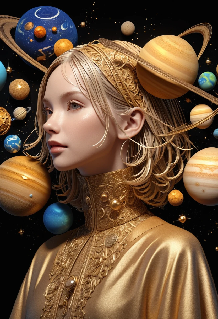 a highly detailed and intricate 3D portrait of a person, golden color, surrounded by many orbiting planets with complex planetary decorations, studio lighting, Dark background,Light,Simple and clean,Light and Shadow,