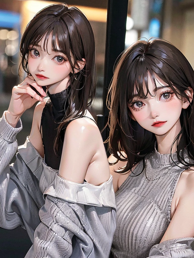 (highest resolution、clear_image)highest quality、woman、very detailed、semi-realistic、black hair、short hair、Long neckline、gray eyes、21 years old、shoulder length hair、mature、young、V-neck sweater、exquisite features、Cowboy Shot、Brown Eyes、Waist up shot、Brown Skin、Black off-the-shoulder knit