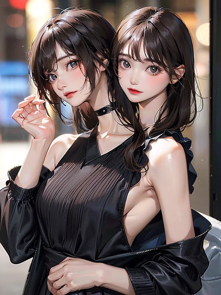 (highest resolution、clear_image)highest quality、woman、very detailed、semi-realistic、black hair、short hair、Long neckline、gray eyes、21 years old、shoulder length hair、mature、young、V-neck sweater、exquisite features、Cowboy Shot、Brown Eyes、Waist up shot、Brown Skin、Black off-the-shoulder knit