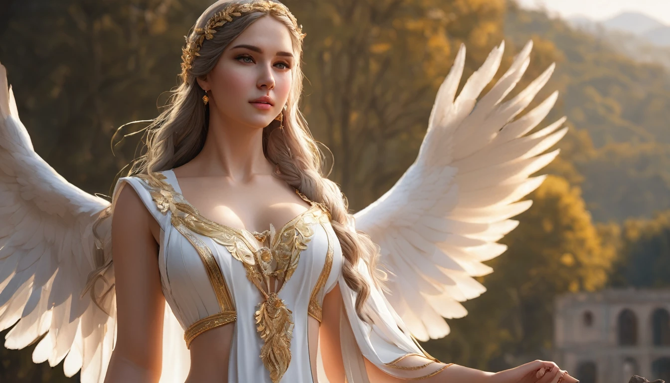 1 Mother Angel 29 years old,breast,large hips,white long frensh braided hairs,background with doves with an olive branch in its beak,natural environment, idyllic setting,(perfect female body:1.2),(gorgeous detailed skin),(detailed hair),quality\(8k,wallpaper of extremely detailed CG unit, masterpiece,hight resolution,top-quality,top-quality real texture skin,hyper realisitic,increase the resolution,RAW photos,best qualtiy,highly detailed,the wallpaper,cinematic lighting,ray trace,golden ratio\)