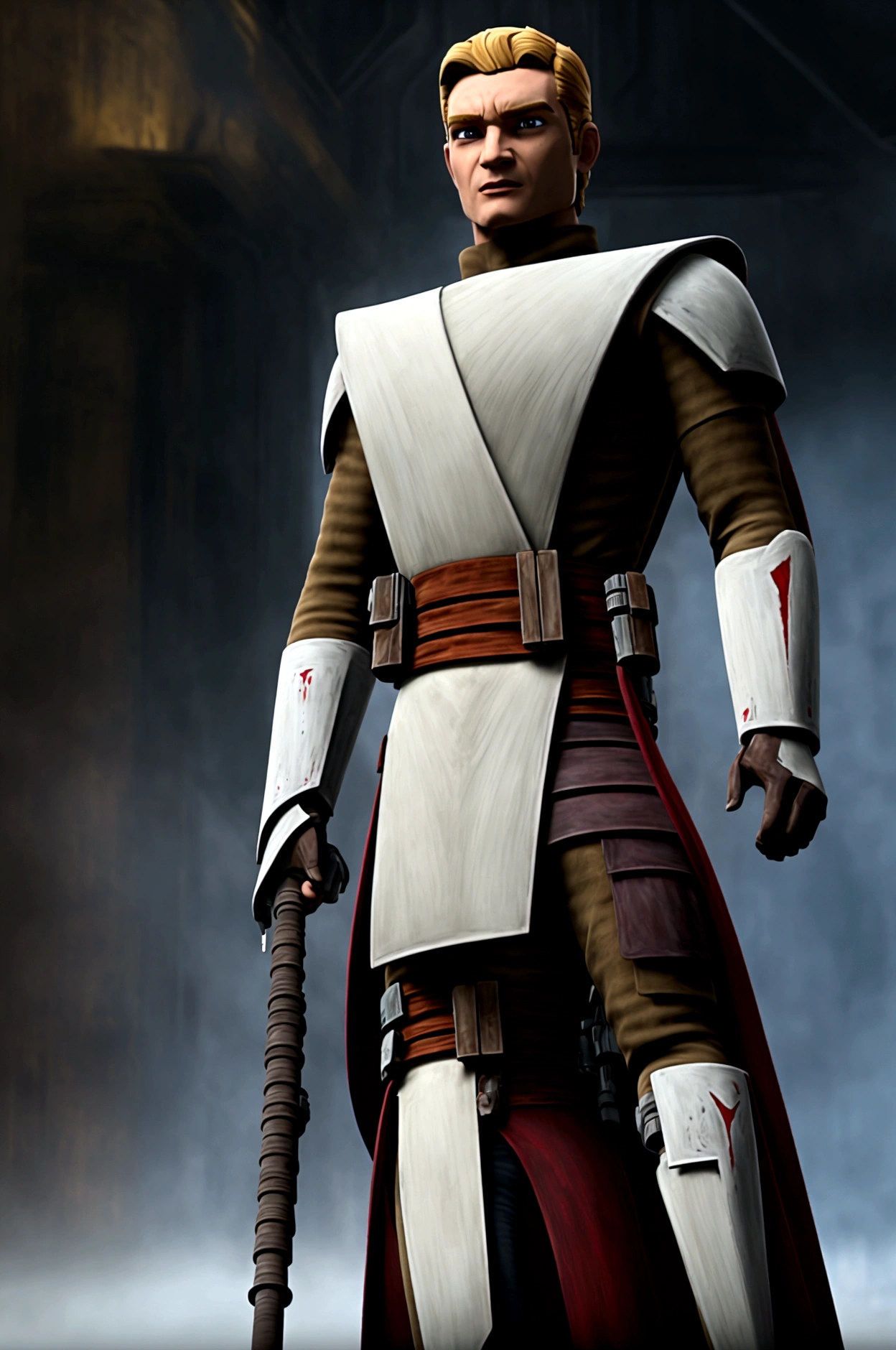 starwars clone wars art style with shading, age 20 muscular brawny burly man of Anglo-Saxon descent, pure pale ash white skin, subtle grin, long scarlet red hair with thick red eyebrows a 5 o'clock shadow and red eyes, holding his greatsword hilt, the lightsaber blade is viridian green and cloaked in lightning, black half plate armor with leather accents and boots, lit space station background.