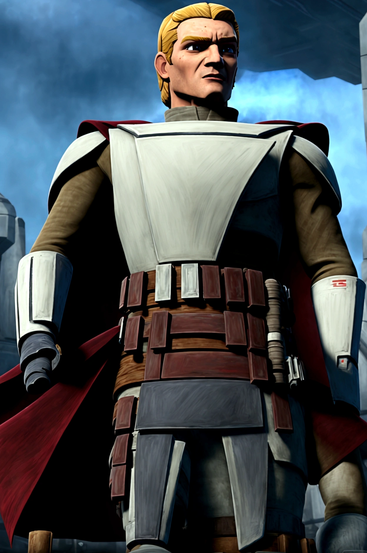 starwars clone wars art style with shading, age 20 muscular brawny burly man of Anglo-Saxon descent, pure pale ash white skin, subtle grin, long scarlet red hair with thick red eyebrows a 5 o'clock shadow and red eyes, holding his greatsword hilt, the lightsaber blade is viridian green and cloaked in lightning, black half plate armor with leather accents and boots, lit space station background.