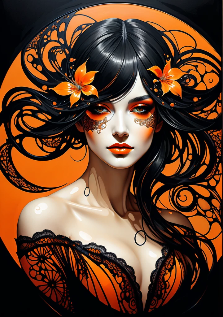 Santa Morte, best quality, digital painting, extremely smooth, fluid, 3D Fractals, Light particles, Dreamy, soft, Shimmering, Dreamy glow, concept art by Alberto Seveso, Anna Dittmann, Arthur Rackham, harmonious color scheme, 32K, Wet black and orange color inks line art Sonhadores female portrait with lot of lace filigrees on black canvas illustration described in the perfect fractal style of Vassily Kandinsky, Jackson Pollock, Alphonse Mucha and Jeremy Mann, QG, Modificadores 4K: 4K 3D