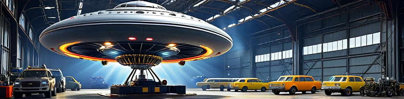high-tech tuning workshop for unidentified flying object(UFO) with advanced engines, wings, and weapons