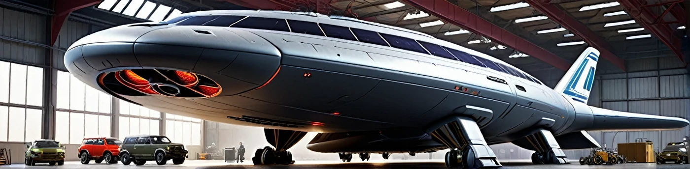 high-tech tuning workshop for unidentified flying object(UFO) with advanced engines, wings, and weapons