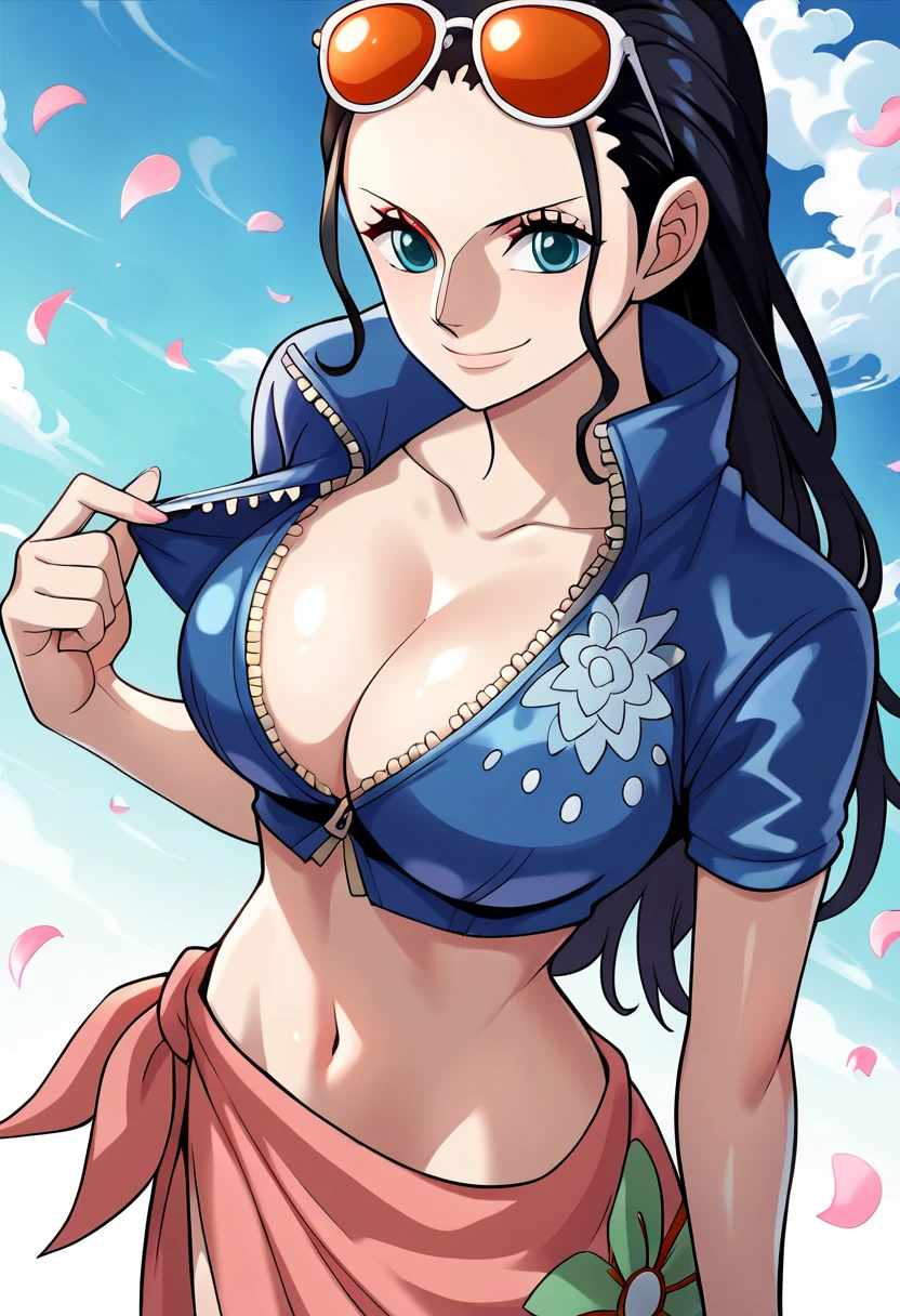 score_9, score_8_up, score_7_up, score_9, source_anime, BREAK  NicorobinSDXL, 1girl, solo, long hair, breasts, looking at viewer, smile, blue eyes, large breasts, black hair, navel, cleavage, closed mouth, standing, collarbone, blue jacket, short sleeves, cowboy shot, midriff, shiny, signature, stomach, crop top, petals, eyewear on head, zipper, cropped jacket,  sarong, zipper pull tab, tinted eyewear, hair slicked back, collared jacket, partially unzipped, nico robin, from above,