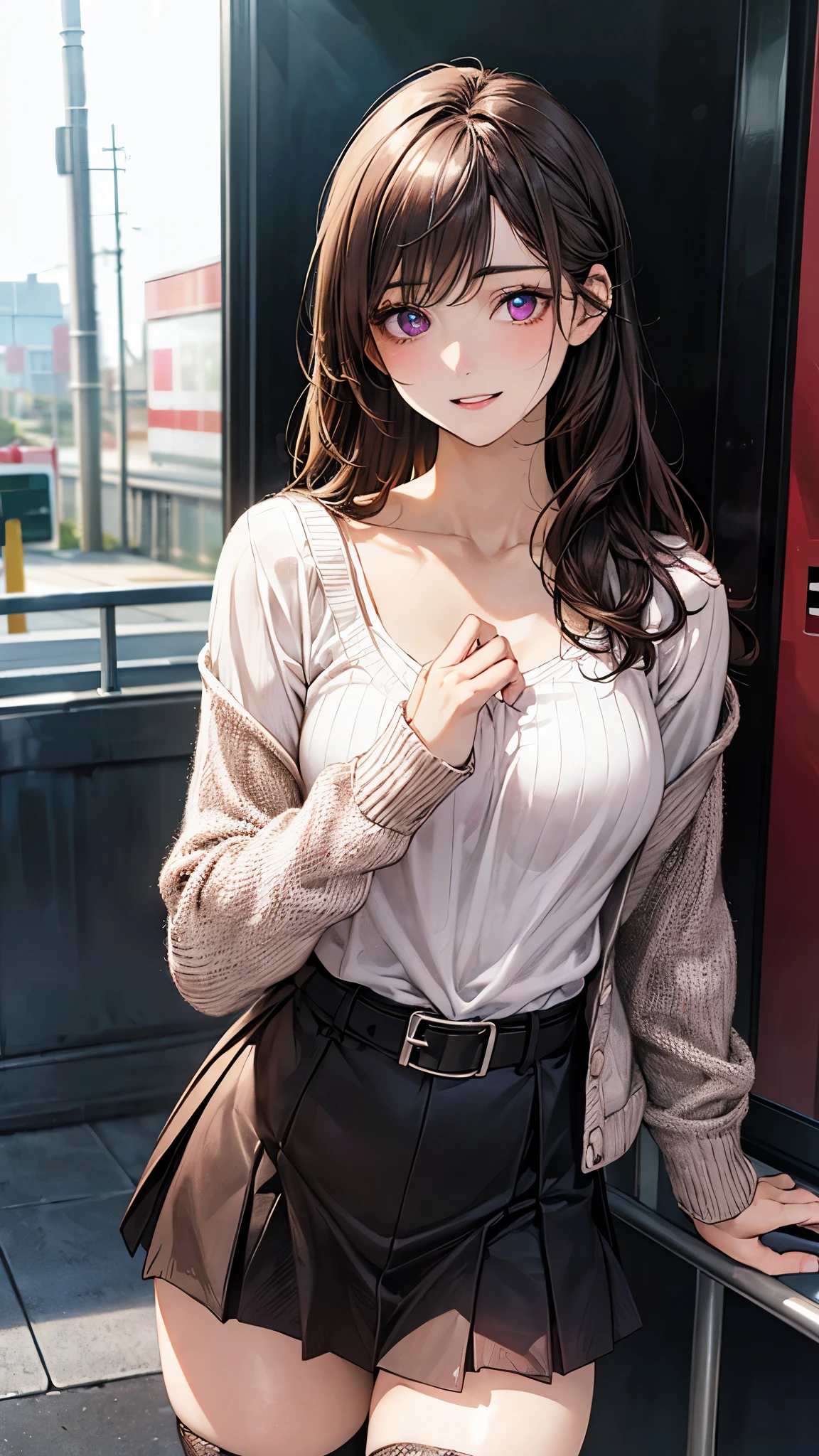 Highest quality, Soft Light, Ultra-high resolution,People Girls, alone, sexy, (Ecstatic face), (Light brown eyes), Beautiful face in every detail,(High resolution detail of human skin texture), (Medium Hair), break,Cardigan ,Checkered Skirt,Pink panties, (Open your mouth:1.2),tongue,(Sweat:1.1),Sigh,look back