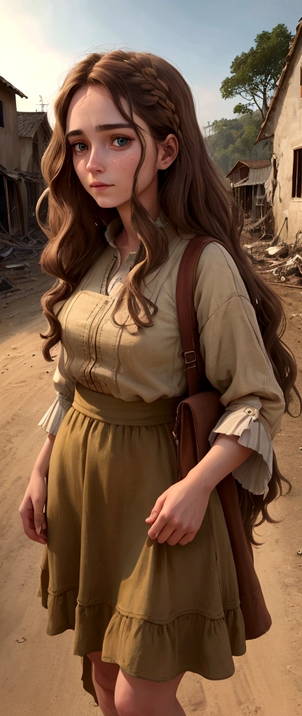 good quality:1.2), (Ultradetailed:1.2), (ultradetailed face:1.2), (ultradetailed body:1.2) Villagers, including Elara, a human woman with long, wavy brown hair and green eyes, stand in front of their destroyed homes in the picturesque village, faces filled with worry and sadness. She wears simple, earth-toned clothing reflecting her humble lifestyle."
