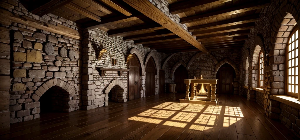 inside a medieval castle, a dark room lit by torches, many gold coins on the floor, showing only old brick walls, many riches on the floor