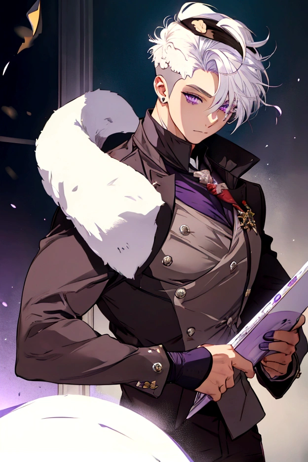 semi-short white hair shaved on the sides, purple eyes