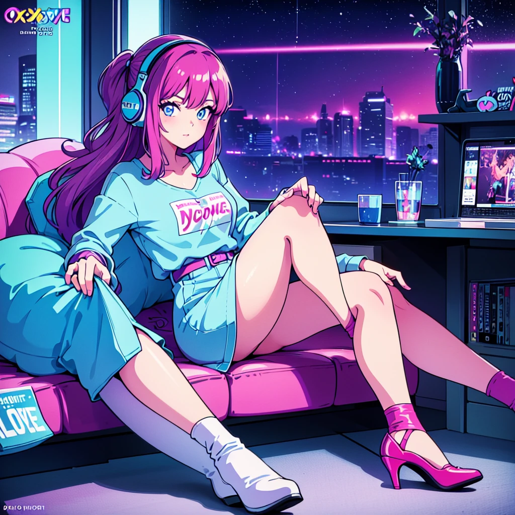 (masterpiece), Highest quality, Expressive eyes, Neon pastel aesthetics, Retro 90s, Neon color,((Girl sitting on sofa,In a cozy room,Records hanging on her wall, Comic books on the floor, Looking out the window behind her at the night city, Upholstered room, Anime figures lined up on a shelf)), Wearing headphones, (All around her it sparkles), (Wearing high socks and heels), (blue eyes), (Soft look), (Synthwave Art Style), Colorful Hair, Desk with PC set up