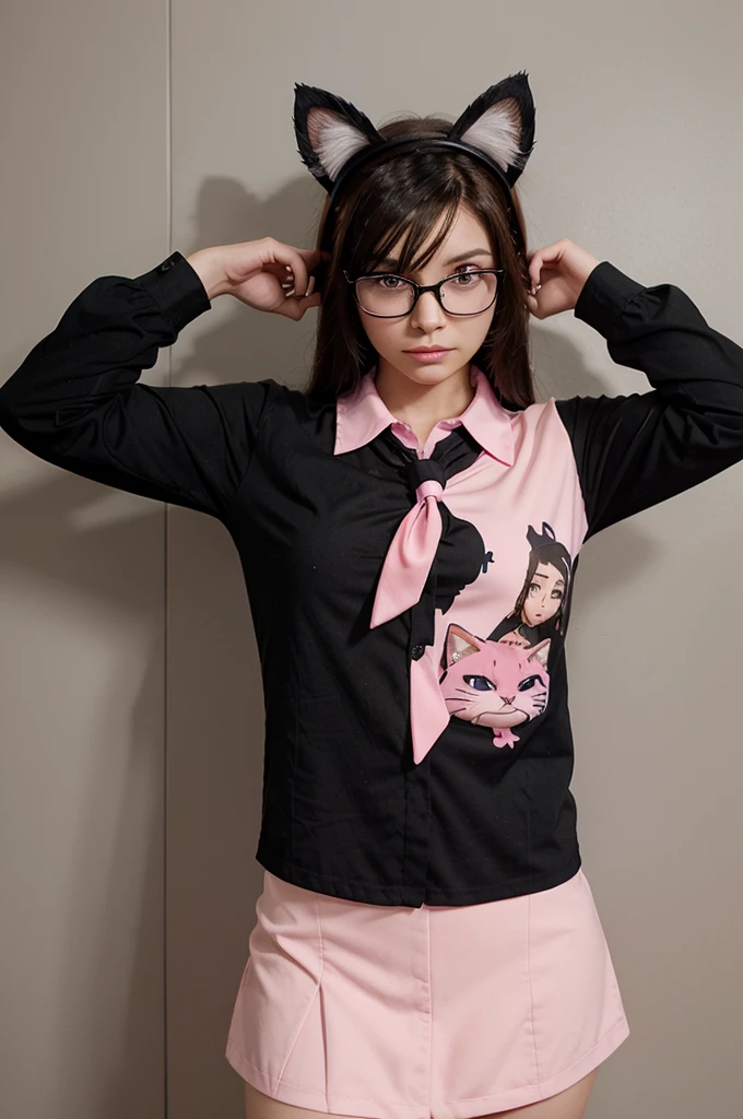 Roblox anime character female brunette with one tie wearing a black shirt with a picture of a cat the character wears glasses on her head wears a pink hanphone with pink ears and her toad clip