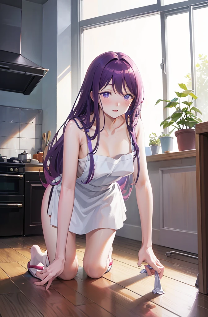 ランダムなポーズ、Full body, 8K, highest quality, masterpiece, ultra-definition, light purple hair, semi-long hair, light purple eyes, covering butt with hand, lipstick, full body, cooking, naked, wearing red apron, sitting in slippers , blushing, home kitchen, wearing an apron, crawling on all fours, leaning forward, angle from below, perfect hands, thin hands, night