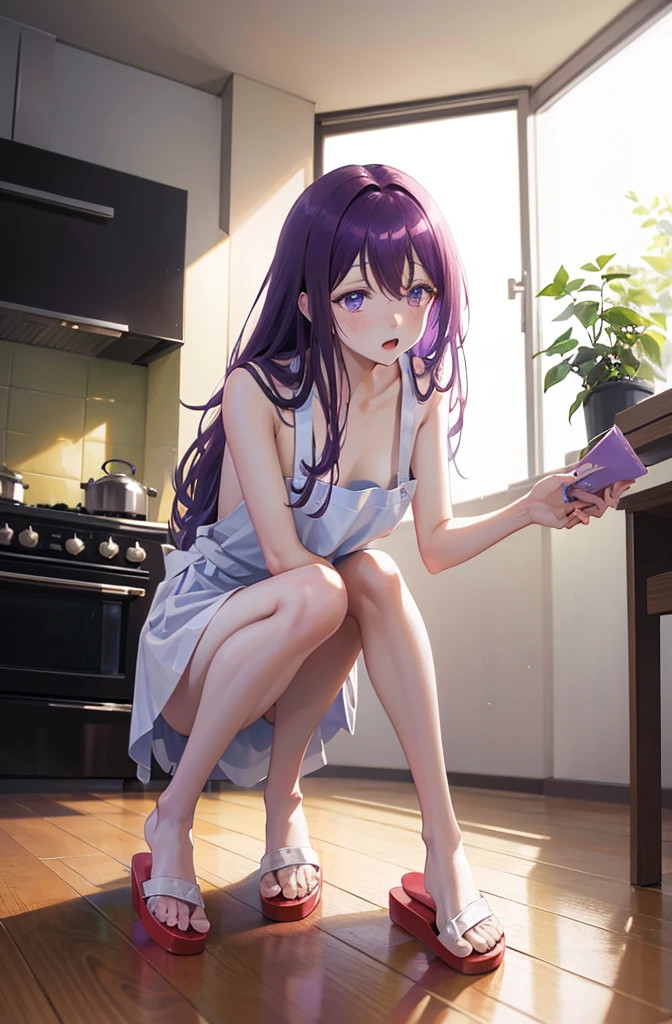 ランダムなポーズ、Full body, 8K, highest quality, masterpiece, ultra-definition, light purple hair, semi-long hair, light purple eyes, covering butt with hand, lipstick, full body, cooking, naked, wearing red apron, sitting in slippers , blushing, home kitchen, wearing an apron, crawling on all fours, leaning forward, angle from below, perfect hands, thin hands, night